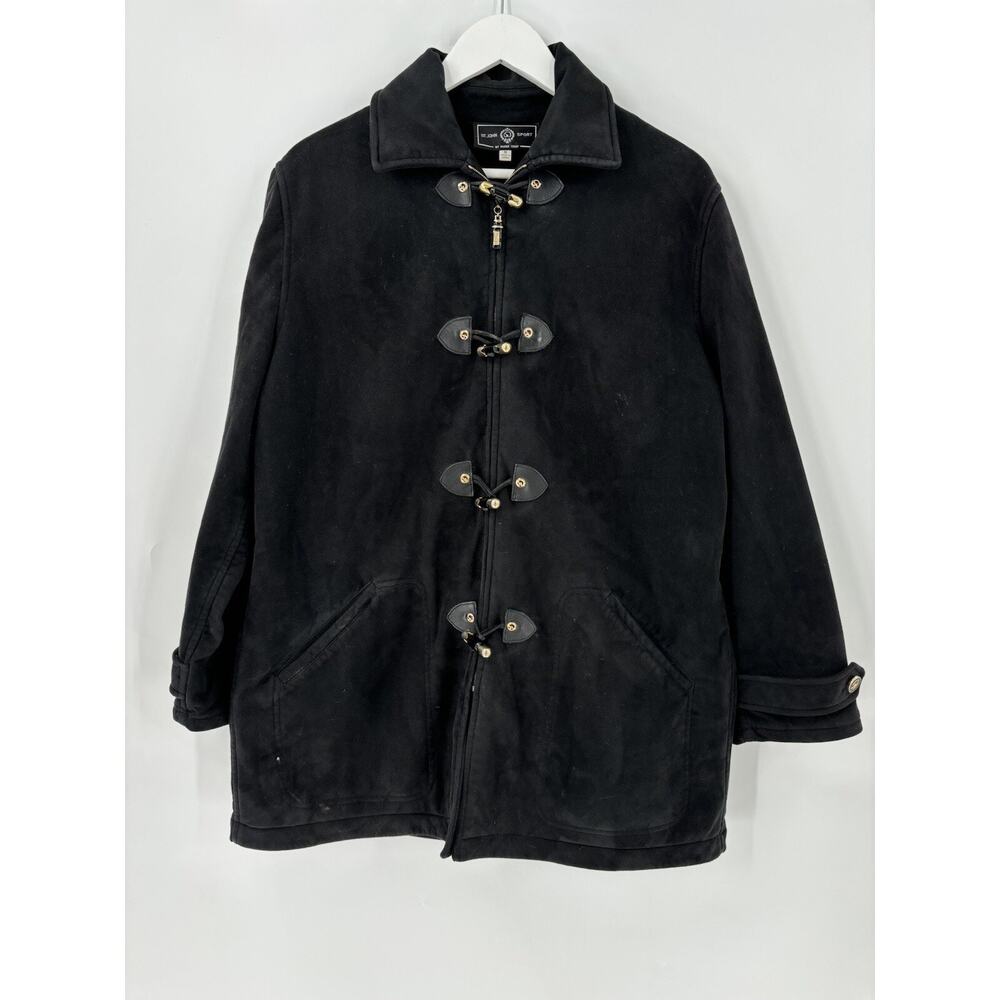 St. John Sport Jacket Womens Medium Black Suede Full Zip Toggle Closure Logo